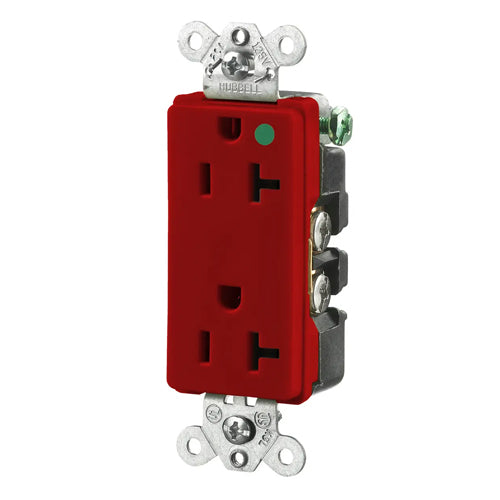 Hubbell HBL2182R, Extra Heavy Duty Max Receptacles, Style Line Decorator, Hospital Grade, Nylon Face, Back and Side Wired, 20A 125V, 5-20R, 2-Pole 3-Wire Grounding, Red