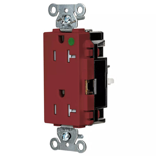 Hubbell HBL2182STRTR, EdgeConnect HBL Extra Heavy Duty Max Receptacles, Style Line Decorator, Tamper Resistant, Hospital Grade, Spring Termination, 20A 125V, 5-20R, 2-Pole 3-Wire Grounding, Red