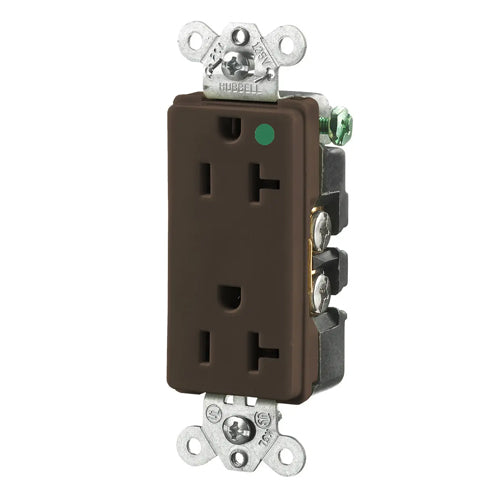 Hubbell HBL2182, Extra Heavy Duty Max Receptacles, Style Line Decorator, Hospital Grade, Nylon Face, Back and Side Wired, 20A 125V, 5-20R, 2-Pole 3-Wire Grounding, Brown