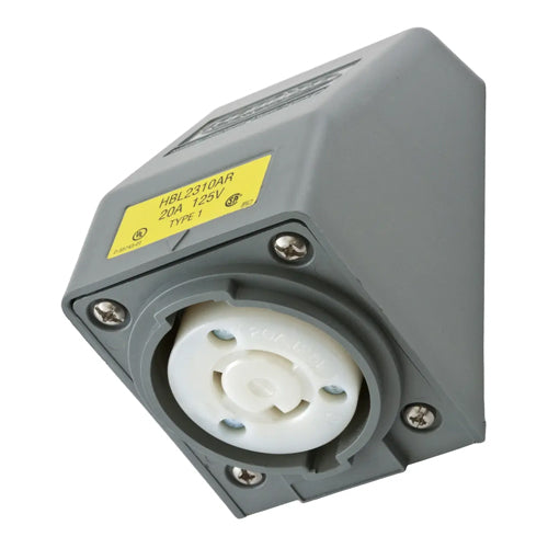 Hubbell HBL2310AR, Safety-Shroud Twist-Lock Receptacles, Angle Housing, One Gang, Back Wired, 20A 125V, L5-20R, 2-Pole 3-Wire Grounding