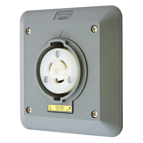 Hubbell HBL2310SR2, Safety-Shroud Twist-Lock Receptacles, Semi-Flush, Two Gang, Back Wired, 20A 125V, L5-20R, 2-Pole 3-Wire Grounding