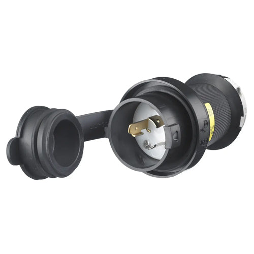 Hubbell HBL2311SW, Watertight Safety-Shroud Male Plugs, Black Housing, White Clamps, 20A 125V, L5-20P, 2-Pole 3-Wire Grounding