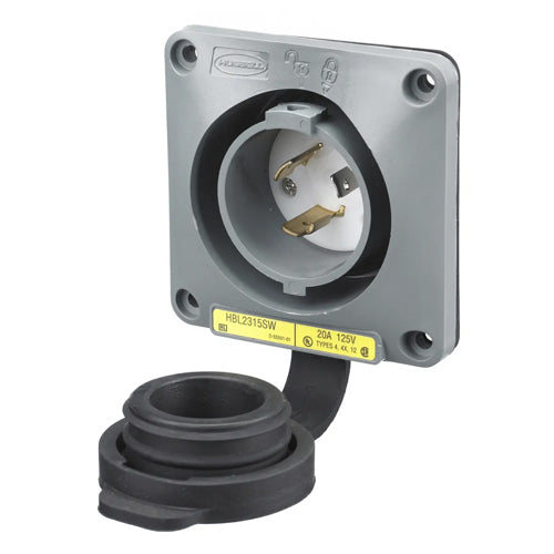 Hubbell HBL2315SW, Watertight Safety-Shroud Flanged Inlets, Gray Housing and Flange, 20A 125V, L5-20P, 2-Pole 3-Wire Grounding