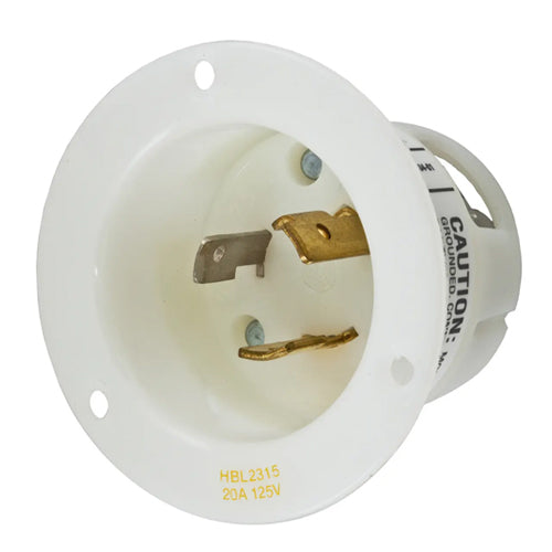 Hubbell HBL2315, Insulgrip Flanged Inlets, Nylon Casing, Back Wired, 20A 125V, L5-20P, 2-Pole 3-Wire Grounding