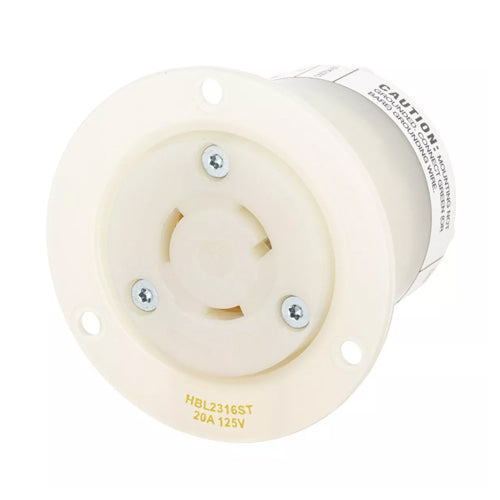 Hubbell HBL2316ST, Insulgrip Flanged Receptacles, Spring Termination, Nylon Casing, Back Wired, 20A 125V, L5-20R, 2-Pole 3-Wire Grounding