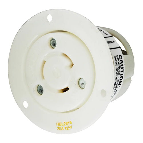 Hubbell HBL2316, Insulgrip Flanged Receptacles, Nylon Casing, Back Wired, 20A 125V, L5-20R, 2-Pole 3-Wire Grounding