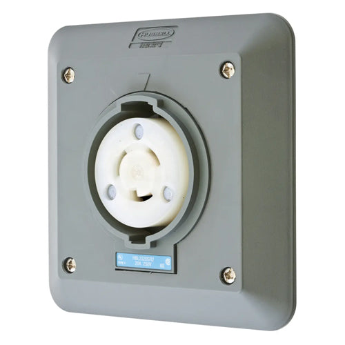 Hubbell HBL2320SR2, Safety-Shroud Twist-Lock Receptacles, Semi-Flush, Two Gang, Back Wired, 20A 250V, L6-20R, 2-Pole 3-Wire Grounding