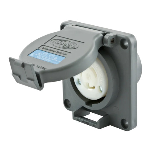 Hubbell HBL2320SW, Watertight Safety-Shroud Receptacles, Gray Housing and Flange, Back Wired, 20A 250V, L6-20R, 2-Pole 3-Wire Grounding