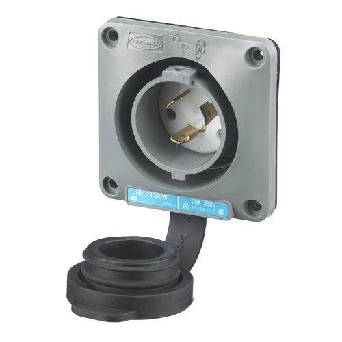 Hubbell HBL2325SW, Watertight Safety-Shroud Flanged Inlets, Gray Housing and Flange, 20A 250V, L6-20P, 2-Pole 3-Wire Grounding
