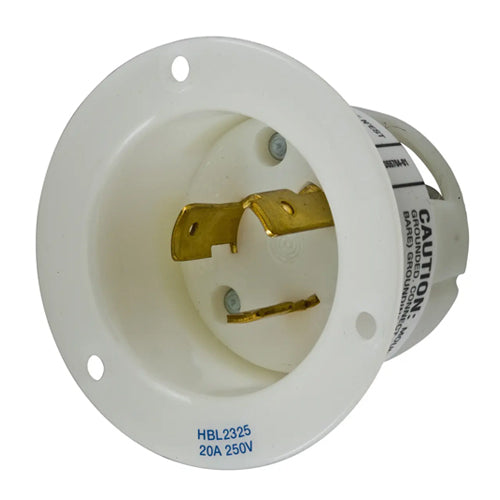 Hubbell HBL2325, Insulgrip Flanged Inlets, Nylon Casing, Back Wired, 20A 250V, L6-20P, 2-Pole 3-Wire Grounding