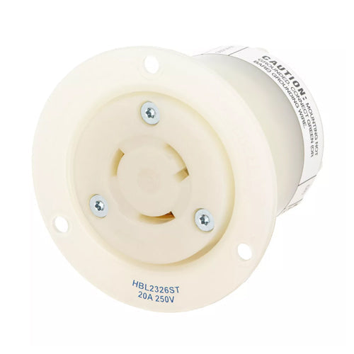 Hubbell HBL2326ST, Insulgrip Flanged Receptacles, Spring Termination, Nylon Casing, Back Wired, 20A 250V, L6-20R, 2-Pole 3-Wire Grounding