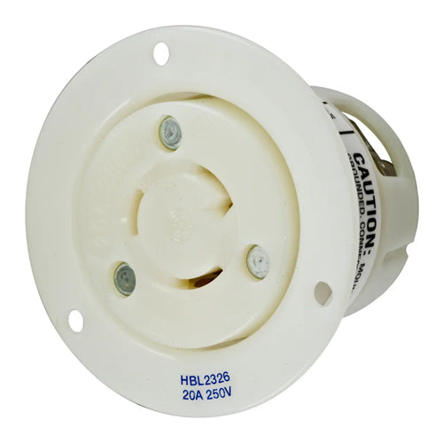 Hubbell HBL2326, Insulgrip Flanged Receptacles, Nylon Casing, Back Wired, 20A 250V, L6-20R, 2-Pole 3-Wire Grounding