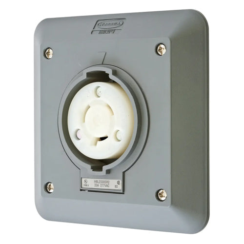 Hubbell HBL2330SR2, Safety-Shroud Twist-Lock Receptacles, Semi-Flush, Two Gang, Back Wired, 20A 277V, L7-20R, 2-Pole 3-Wire Grounding