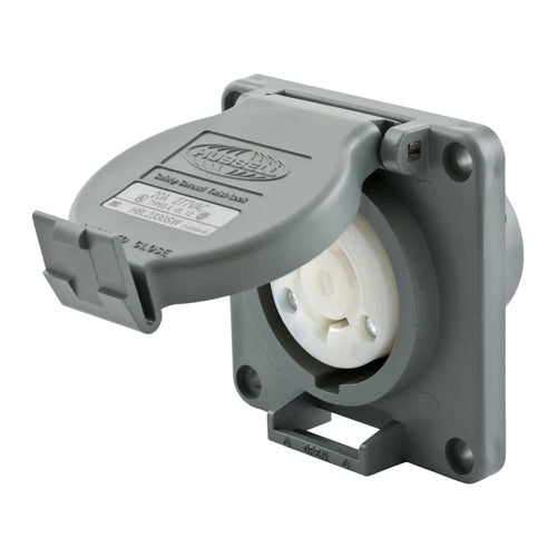 Hubbell HBL2330SW, Watertight Safety-Shroud Receptacles, Gray Housing and Flange, Back Wired, 20A 277V, L7-20R, 2-Pole 3-Wire Grounding