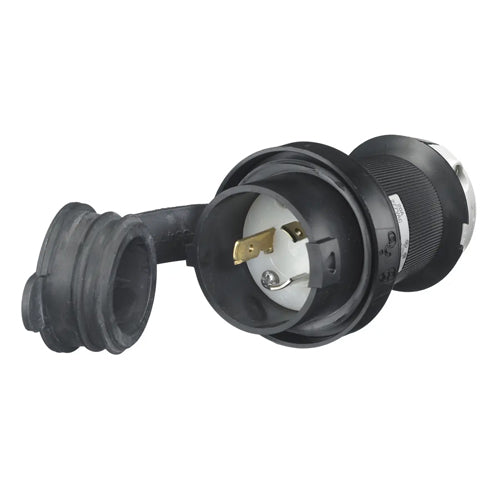 Hubbell HBL2331SW, Watertight Safety-Shroud Male Plugs, Black Housing, White Clamps, 20A 277V, L7-20P, 2-Pole 3-Wire Grounding