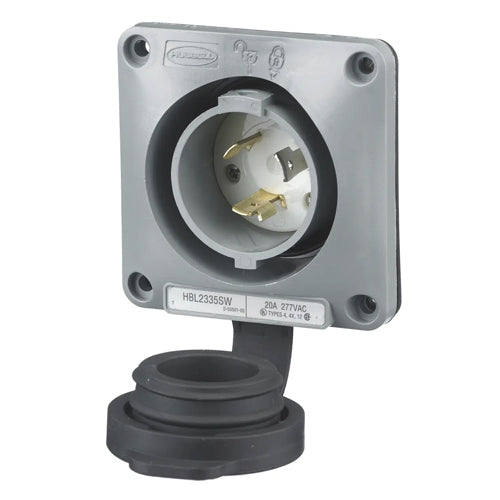 Hubbell HBL2335SW, Watertight Safety-Shroud Flanged Inlets, Gray Housing and Flange, 20A 277V, L7-20P, 2-Pole 3-Wire Grounding