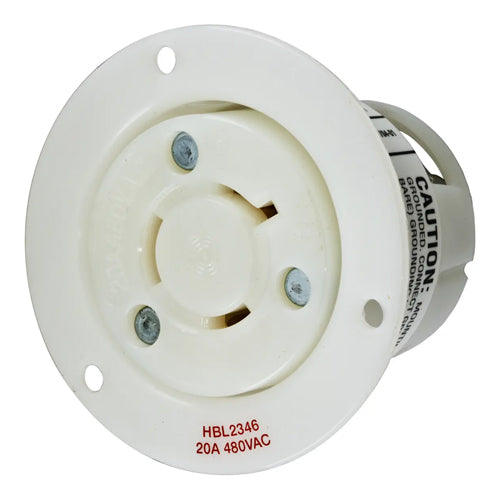 Hubbell HBL2346, Insulgrip Flanged Receptacles, Nylon Casing, Back Wired, 20A 480V, L8-20R, 2-Pole 3-Wire Grounding