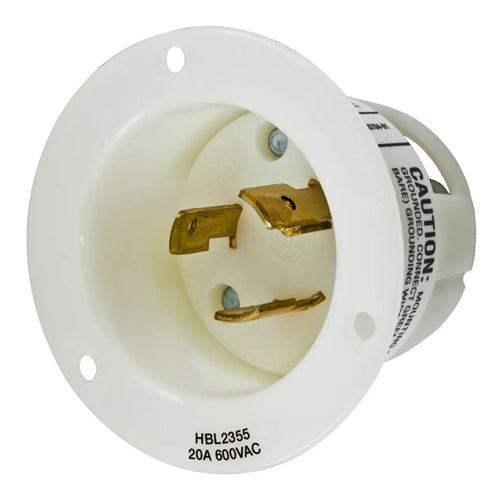 Hubbell HBL2355, Insulgrip Flanged Inlets, Nylon Casing, Back Wired, 20A 600V, L9-20P, 2-Pole 3-Wire Grounding