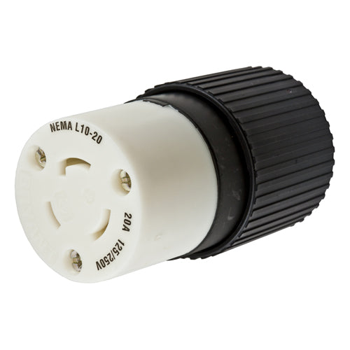 Hubbell HBL2363, Insulgrip Female Connector Body, Black and White Nylon, 20A 125/250V, L10-20R, 3-Pole 3-Wire Non-Grounding