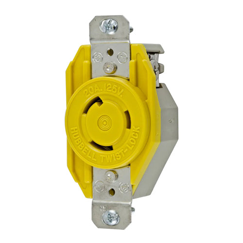 Hubbell HBL23CM10, Single Flush Receptacles, Corrosion Resistant, Yellow Nylon Face, Back and Side Wired, 20A 125V, L5-20R, 2-Pole 3-Wire Grounding