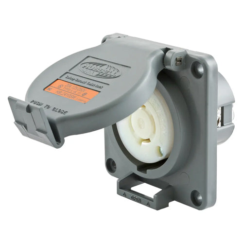 Hubbell HBL2410SW, Watertight Safety-Shroud Receptacles, Gray Housing and Flange, Back Wired, 20A 125/250V, L14-20R, 3-Pole 4-Wire Grounding