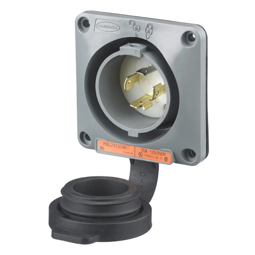 Hubbell HBL2415SW, Watertight Safety-Shroud Flanged Inlets, Gray Housing and Flange, 20A 125/250V, L14-20P, 3-Pole 4-Wire Grounding