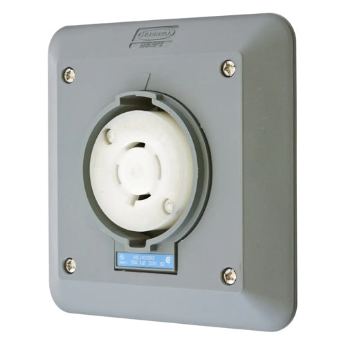 Hubbell HBL2420SR2, Safety-Shroud Twist-Lock Receptacles, Semi-Flush, Two Gang, Back Wired, 20A 250V, L15-20R, 3-Pole 4-Wire Grounding