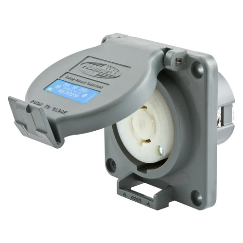 Hubbell HBL2420SW, Watertight Safety-Shroud Receptacles, Gray Housing and Flange, Back Wired, 20A 250V, L15-20R, 3-Pole 4-Wire Grounding