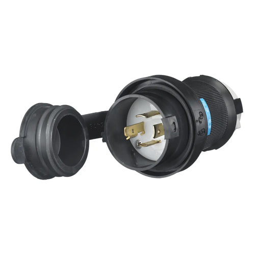 Hubbell HBL2421SW, Watertight Safety-Shroud Male Plugs, Black Housing, White Clamps, 20A 250V, L15-20P, 3-Pole 4-Wire Grounding