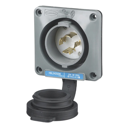 Hubbell HBL2425SW, Watertight Safety-Shroud Flanged Inlets, Gray Housing and Flange, 20A 250V, L15-20P, 3-Pole 4-Wire Grounding