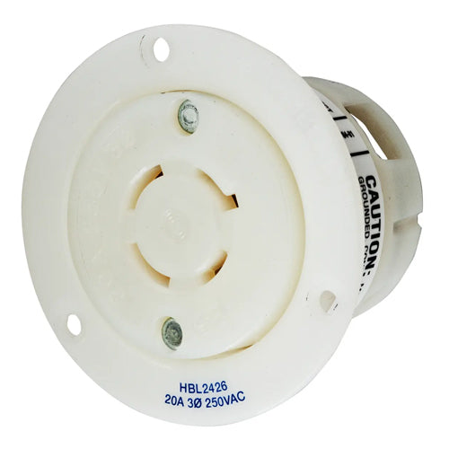 Hubbell HBL2426, Insulgrip Flanged Receptacles, Nylon Casing, Back Wired, 20A 250V, L15-20R, 3-Pole 4-Wire Grounding