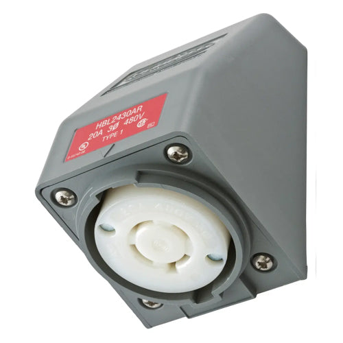 Hubbell HBL2430AR, Safety-Shroud Twist-Lock Receptacles, Gray Angle Housing, One Gang, Back Wired, 20A 480V, L16-20R, 3-Pole 4-Wire Grounding