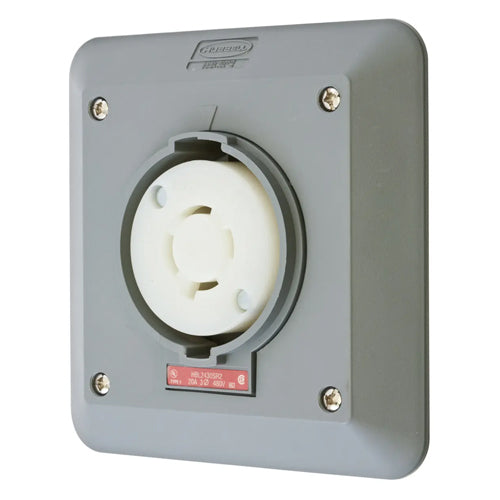 Hubbell HBL2430SR2, Safety-Shroud Twist-Lock Receptacles, Semi-Flush, Two Gang, Back Wired, 20A 480V, L16-20R, 3-Pole 4-Wire Grounding