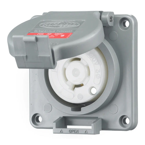 Hubbell HBL2430SW, Watertight Safety-Shroud Receptacles, Gray Housing and Flange, Back Wired, 20A 480V, L16-20R, 3-Pole 4-Wire Grounding