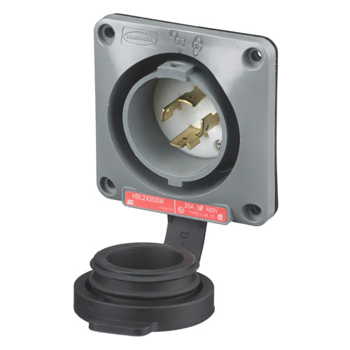 Hubbell HBL2435SW, Watertight Safety-Shroud Flanged Inlets, Gray Housing and Flange, 20A 480V, L16-20P, 3-Pole 4-Wire Grounding