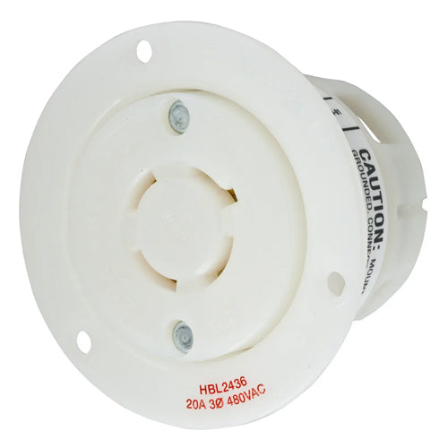 Hubbell HBL2436, Insulgrip Flanged Receptacles, Nylon Casing, Back Wired, 20A 480V, L16-20R, 3-Pole 4-Wire Grounding