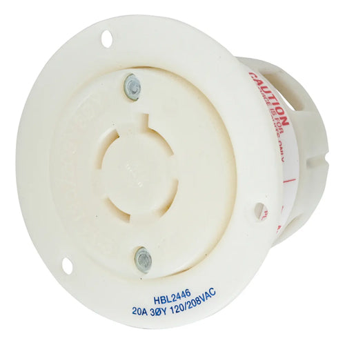 Hubbell HBL2446, Flanged Receptacles, Nylon Casing, Back Wired, 20A 120/208V, L18-20R, 3 Phase, 4-Pole 4-Wire Non-Grounding