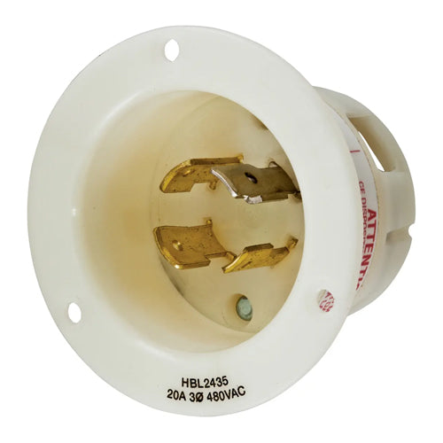 Hubbell HBL2465, Flanged Inlets, Nylon Casing, Back Wired, 20A 347/600V, L20-20P, 4-Pole 4-Wire Non-Grounding