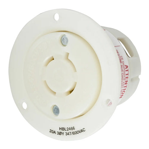 Hubbell HBL2466, Flanged Receptacles, Nylon Casing, Back Wired, 20A 347/600V, L20-20R, 3 Phase, 4-Pole 4-Wire Non-Grounding