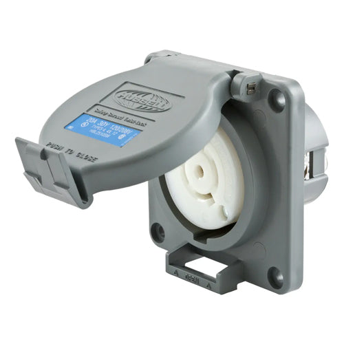 Hubbell HBL2510SW, Watertight Safety-Shroud Receptacles, Gray Housing and Flange, Back Wired, 20A 120/208V, L21-20R, 3 Phase, 4-Pole 5-Wire Grounding