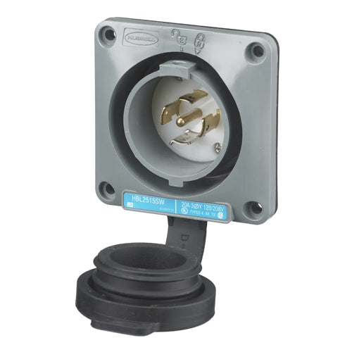 Hubbell HBL2515SW, Watertight Safety-Shroud Flanged Inlets, Gray Housing and Flange, 20A 120/208V, L21-20P, 3 Phase, 4-Pole 5-Wire Grounding