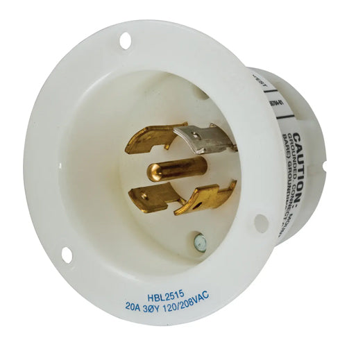 Hubbell HBL2515, Insulgrip Flanged Inlets, Nylon Casing, Back Wired, 20A 120/208V, L21-20P, 3 Phase, 4-Pole 5-Wire Grounding