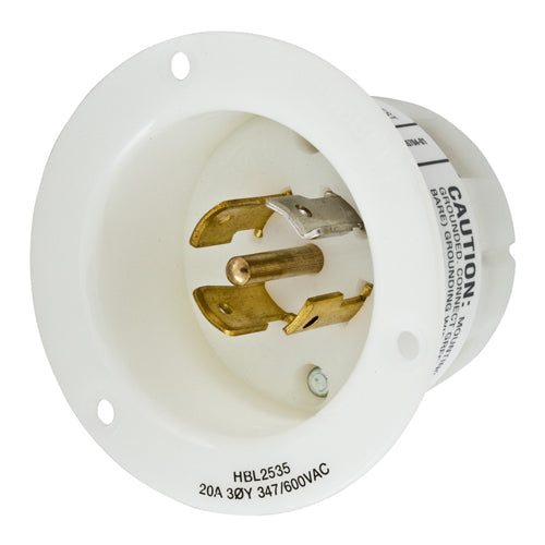 Hubbell HBL2535, Insulgrip Flanged Inlets, Nylon Casing, Back Wired, 20A 347/600V, L23-20P, 3 Phase, 4-Pole 5-Wire Grounding