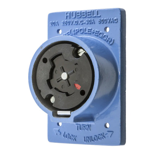 Hubbellock® HBL25403, Receptacle, Black Phenolic Interior, Aluminum Housing, Blue Finish, For FS/FD Box Mounting, 20A 250VDC/30A 600VAC, 4-Pole 5-Wire Grounding