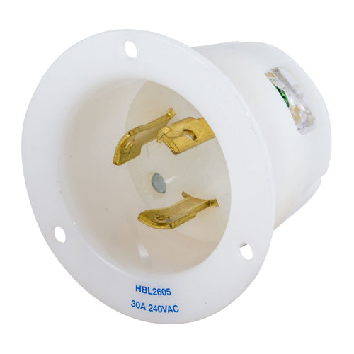 Hubbell HBL2605, Insulgrip Flanged Inlets, Nylon Casing, Back Wired, 30A 240V, L25-30P, 2-Pole 3-Wire Grounding