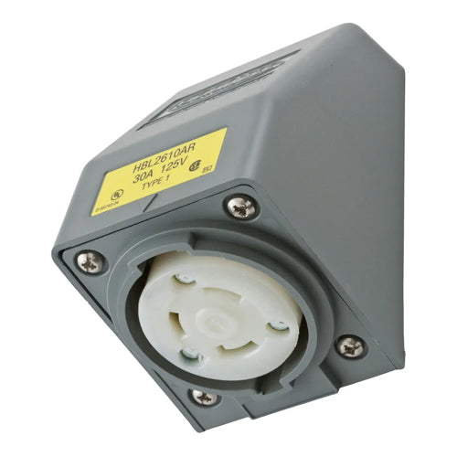 Hubbell HBL2610AR, Safety-Shroud Twist-Lock Receptacles, Angle Housing, One Gang, Back Wired, 30A 125V, L5-30R, 2-Pole 3-Wire Grounding