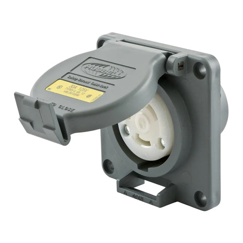 Hubbell HBL2610SW, Watertight Safety-Shroud Receptacles, Gray Housing and Flange, Back Wired, 30A 125V, L5-30R, 2-Pole 3-Wire Grounding