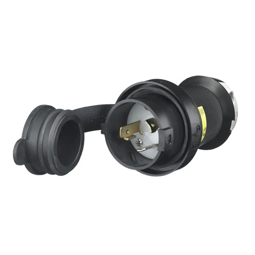 Hubbell HBL2611SW, Watertight Safety-Shroud Male Plugs, Black Housing, White Clamps, 30A 125V, L5-30P, 2-Pole 3-Wire Grounding