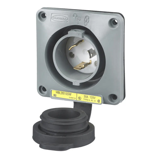 Hubbell HBL2615SW, Watertight Safety-Shroud Flanged Inlets, Gray Housing and Flange, 30A 125V, L5-30P, 2-Pole 3-Wire Grounding