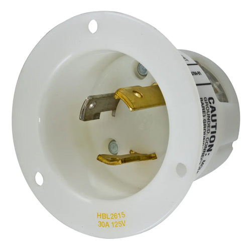 Hubbell HBL2615, Insulgrip Flanged Inlets, Nylon Casing, Back Wired, 30A 125V, L5-30P, 2-Pole 3-Wire Grounding